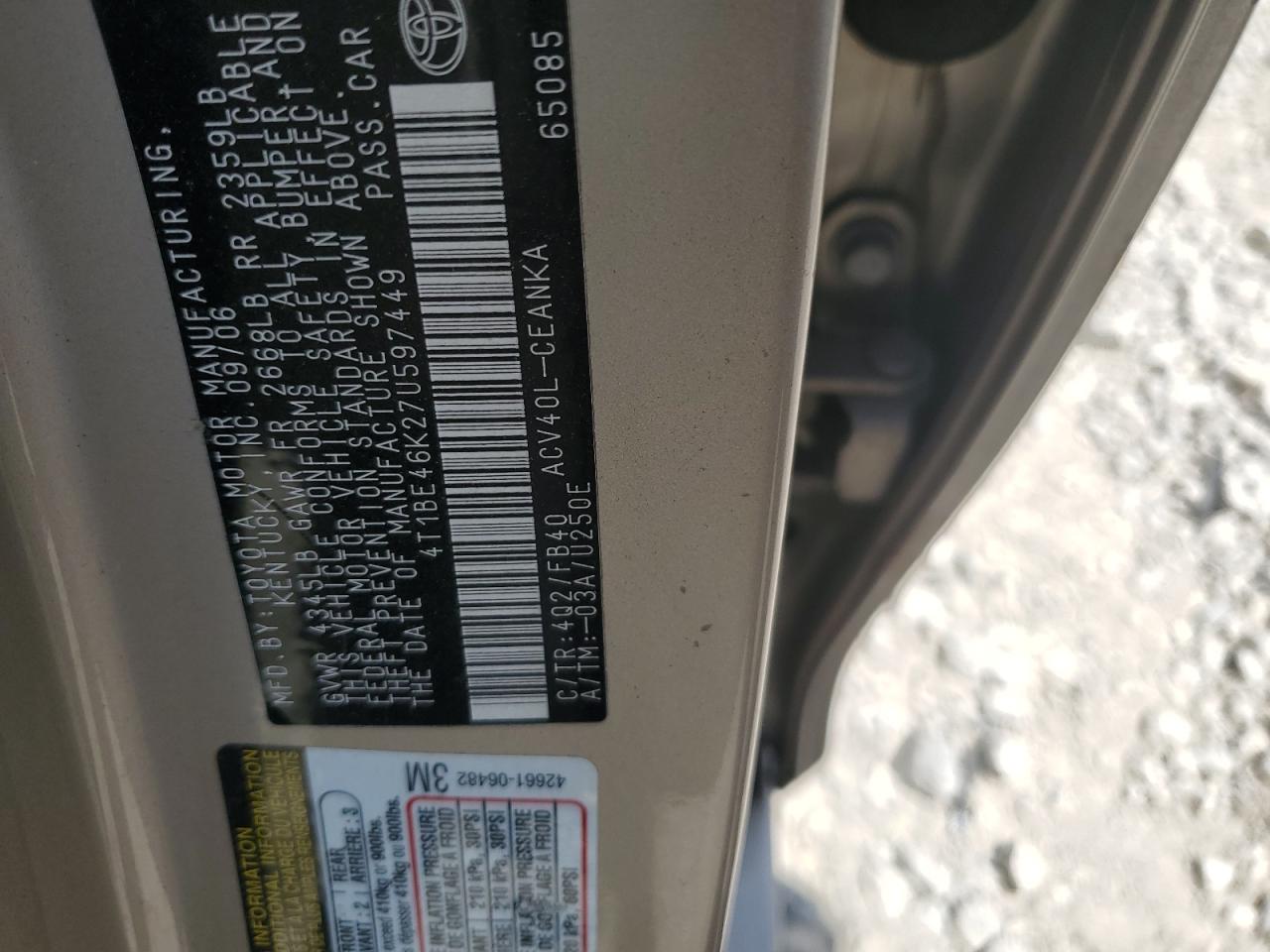 2007 Toyota Camry Ce VIN: 4T1BE46K27U597449 Lot: 63687015