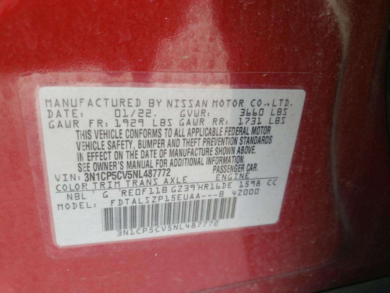 2022 Nissan Kicks Sv VIN: 3N1CP5CV5NL487772 Lot: 62293815