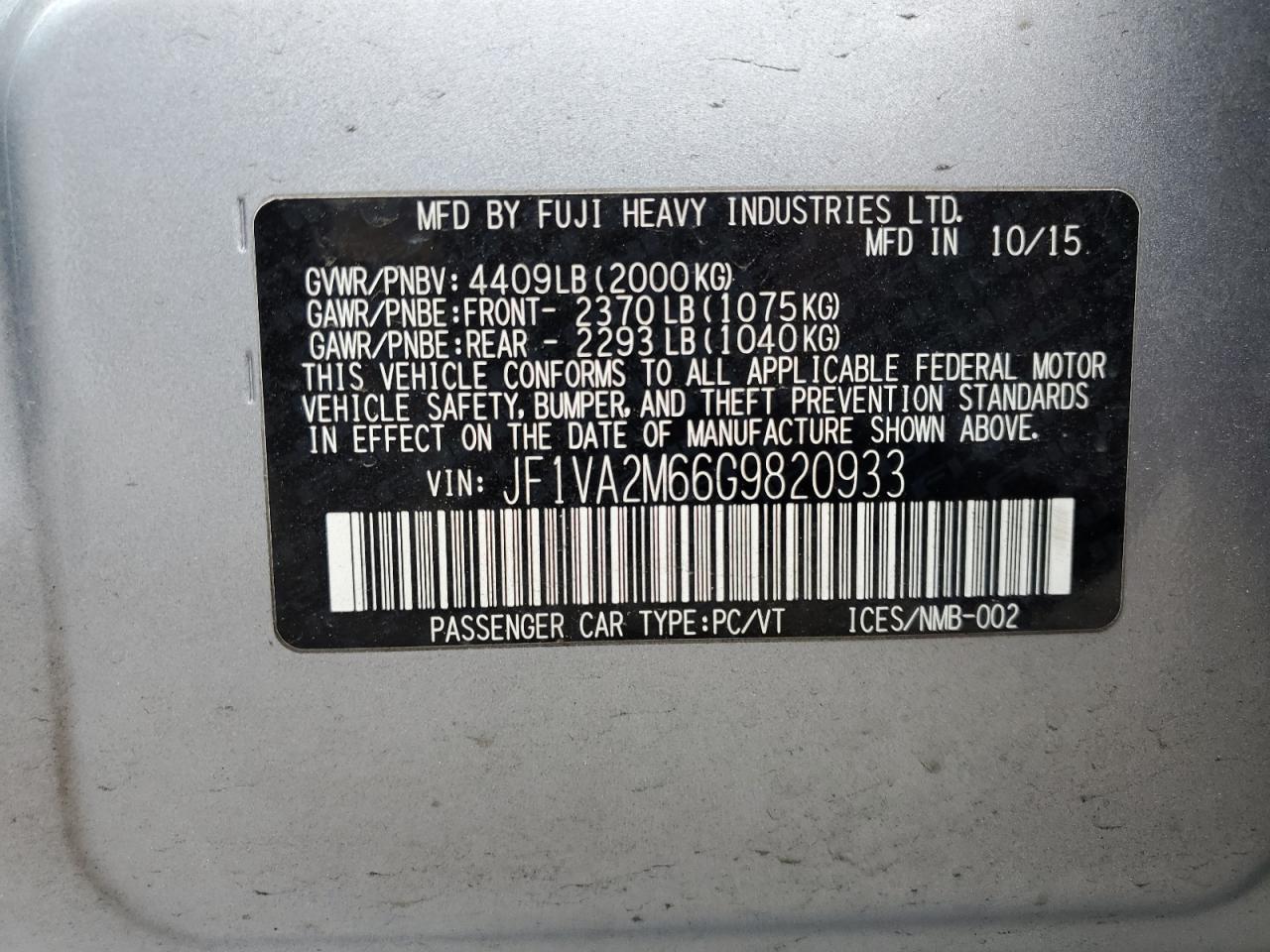 2016 Subaru Wrx Sti VIN: JF1VA2M66G9820933 Lot: 65454525