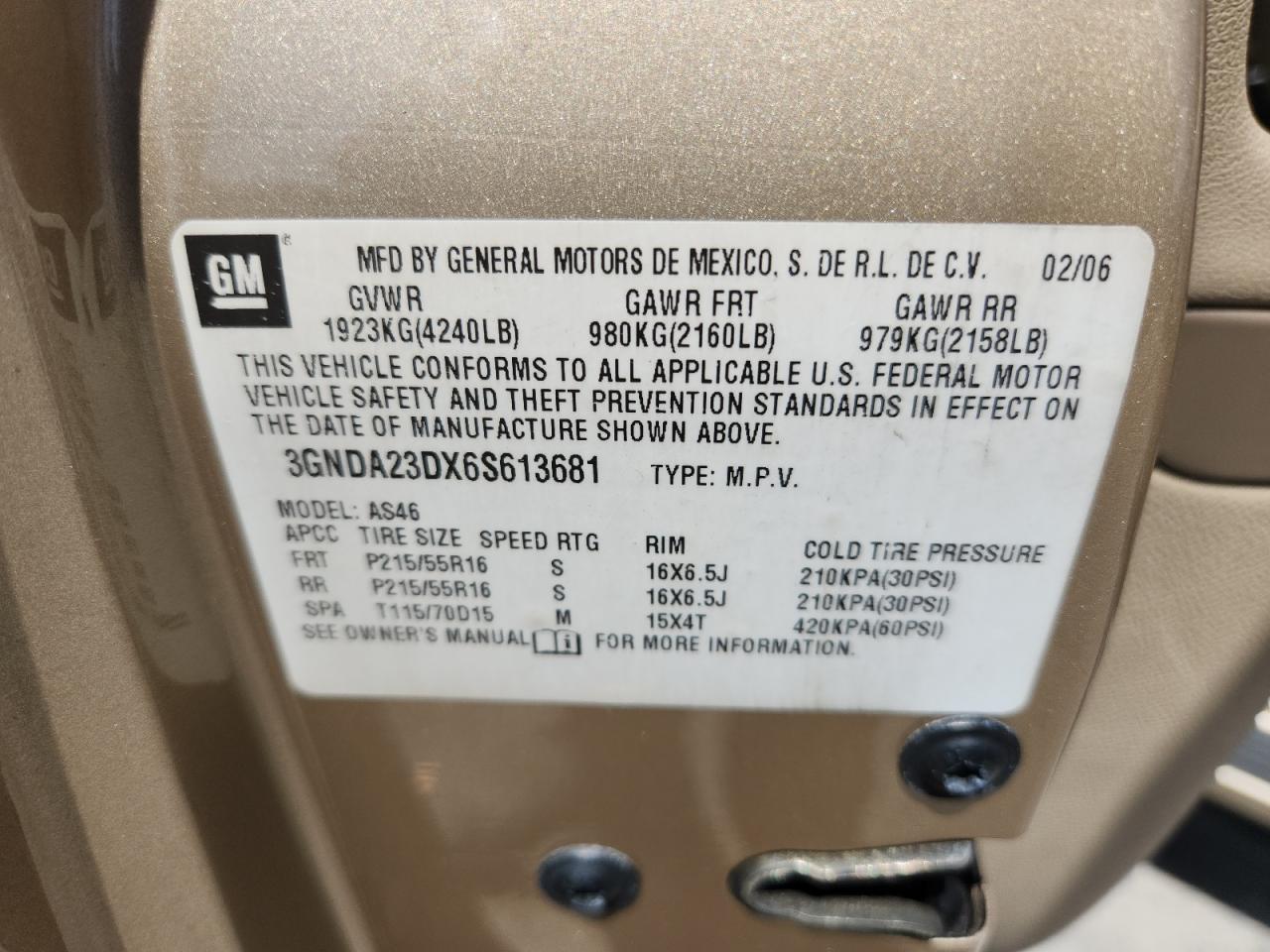 2006 Chevrolet Hhr Lt VIN: 3GNDA23DX6S613681 Lot: 65250465
