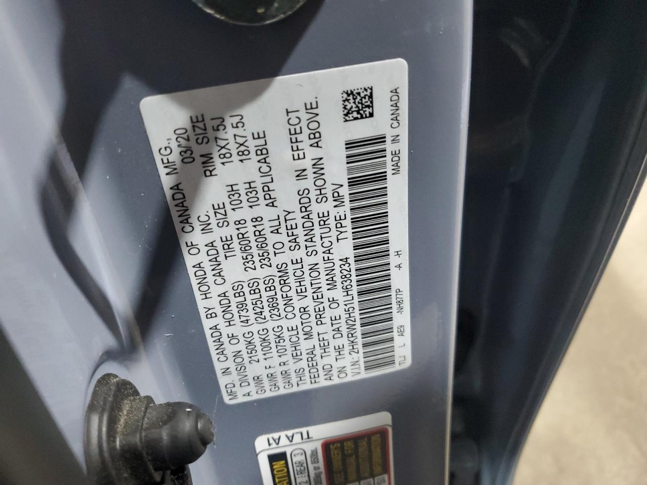 2020 Honda Cr-V Ex VIN: 2HKRW2H51LH638234 Lot: 64287625