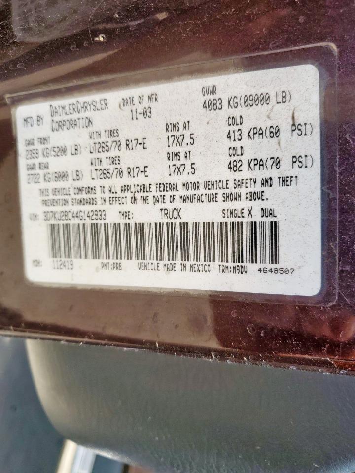 2004 Dodge Ram 2500 St VIN: 3D7KU28C44G142933 Lot: 65189335