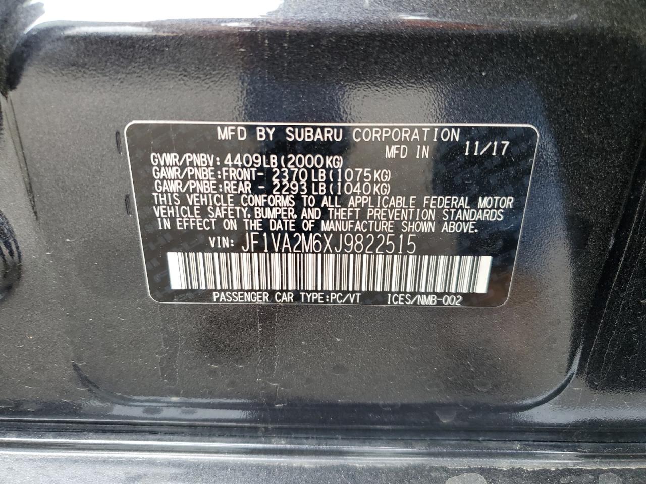 2018 Subaru Wrx Sti VIN: JF1VA2M6XJ9822515 Lot: 65383945