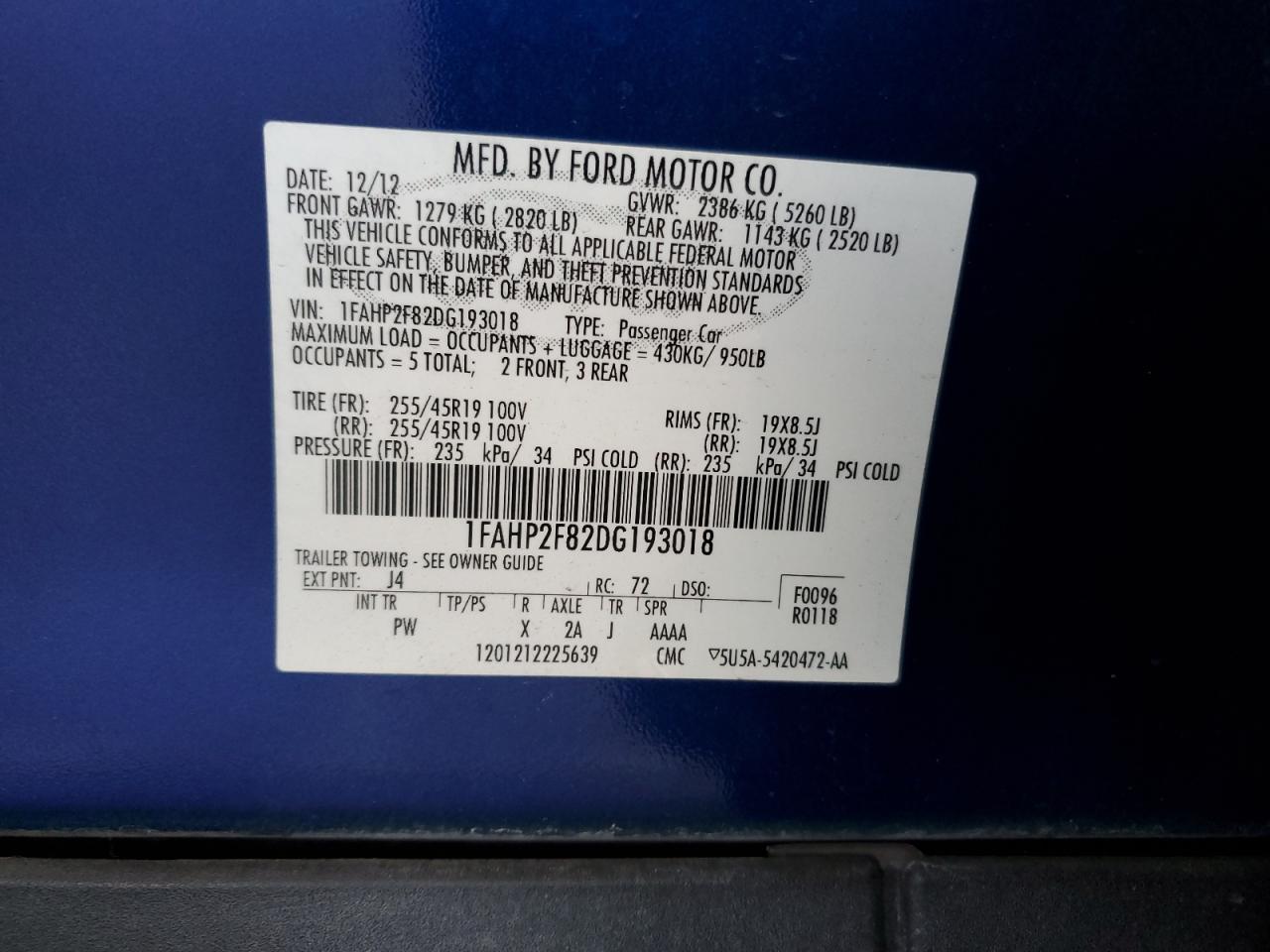 2013 Ford Taurus Limited VIN: 1FAHP2F82DG193018 Lot: 64669725