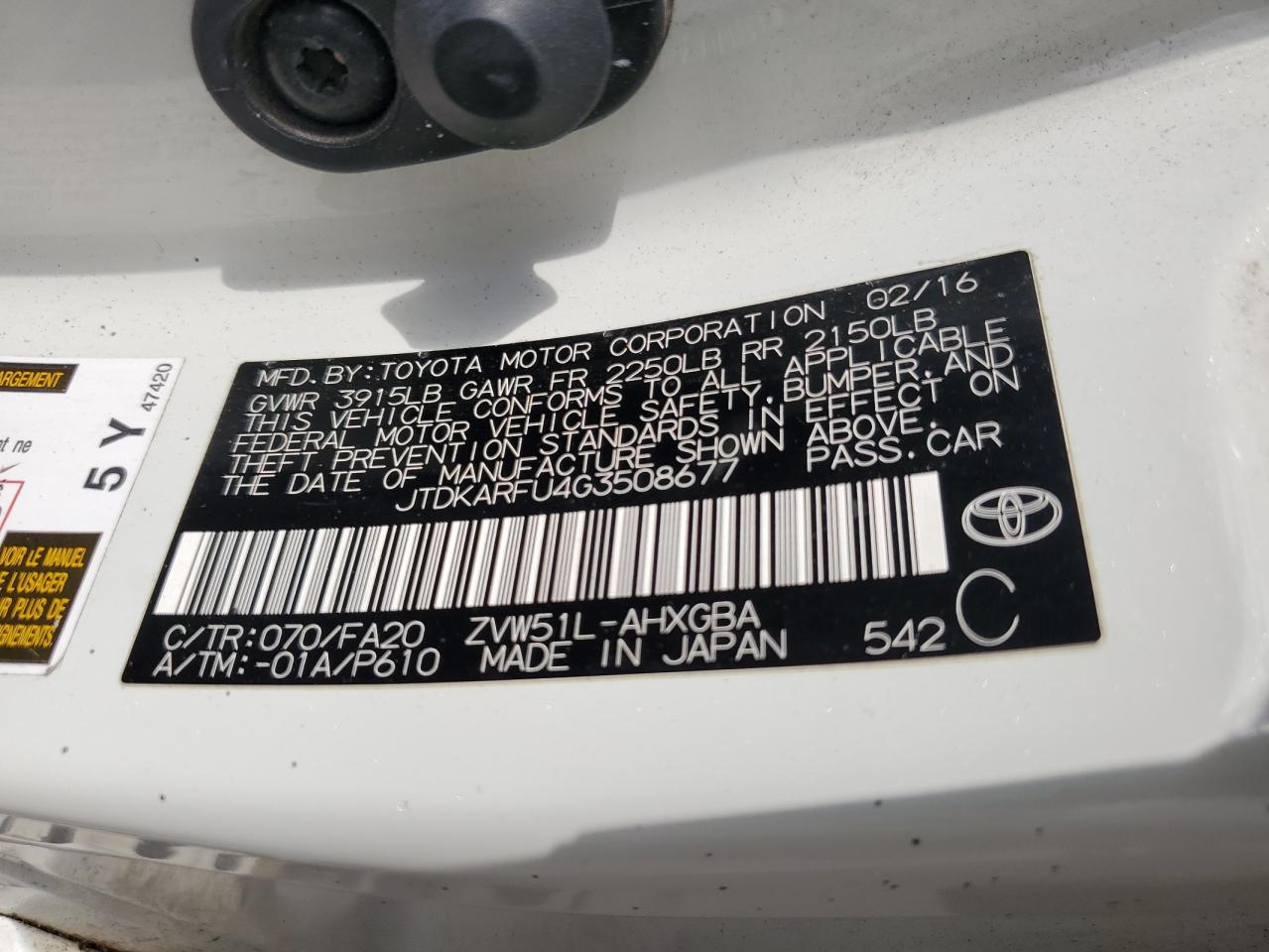 2016 Toyota Prius VIN: JTDKARFU4G3508677 Lot: 64901925