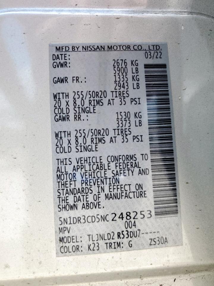 2022 Nissan Pathfinder Sl VIN: 5N1DR3CD5NC248253 Lot: 65009445