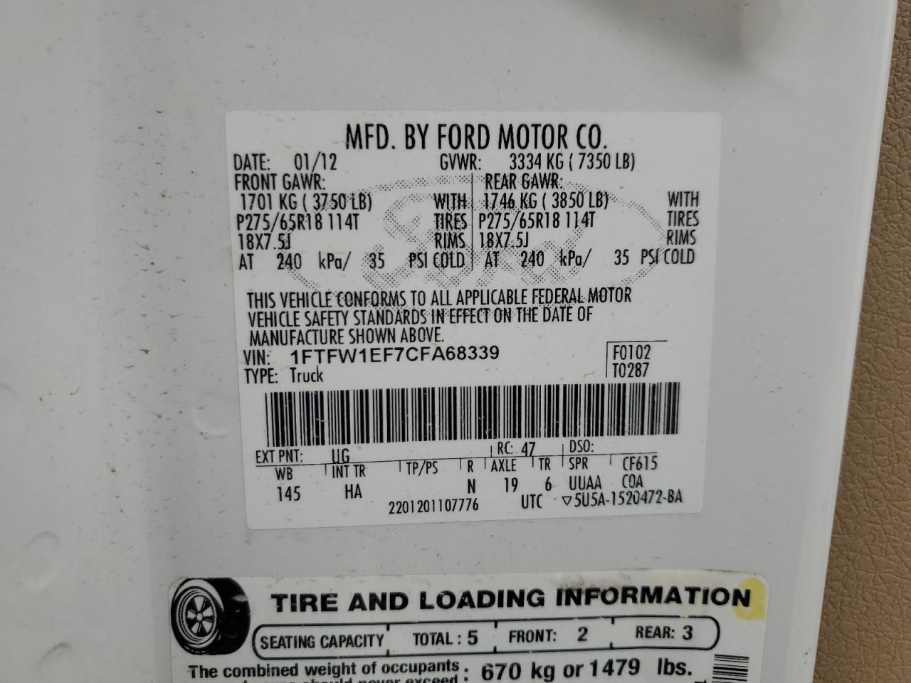 2012 Ford F150 Supercrew VIN: 1FTFW1EF7CFA68339 Lot: 64287775