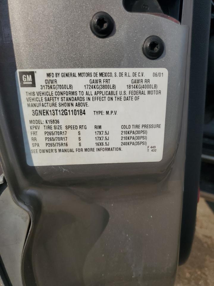 2002 Chevrolet Avalanche K1500 VIN: 3GNEK13T12G110184 Lot: 66892025