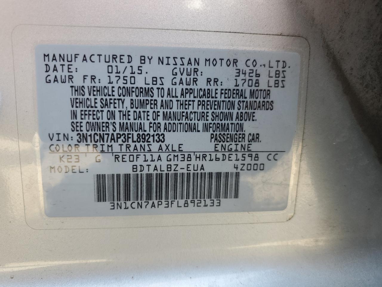 2015 Nissan Versa S VIN: 3N1CN7AP3FL892133 Lot: 64667985