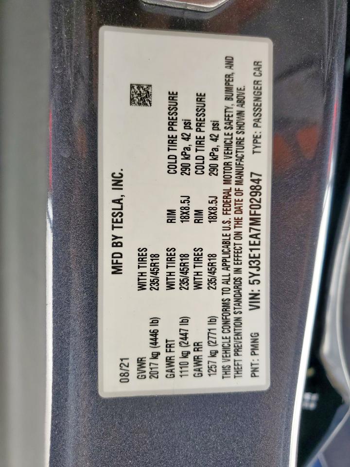 2021 Tesla Model 3 VIN: 5YJ3E1EA7MF029847 Lot: 63793175