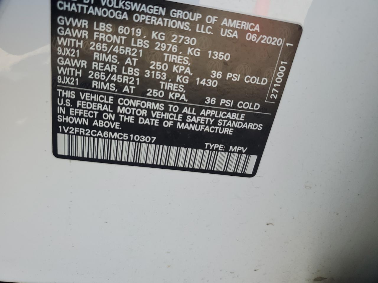 2021 Volkswagen Atlas Sel Premium R-Line VIN: 1V2FR2CA6MC510307 Lot: 64504585