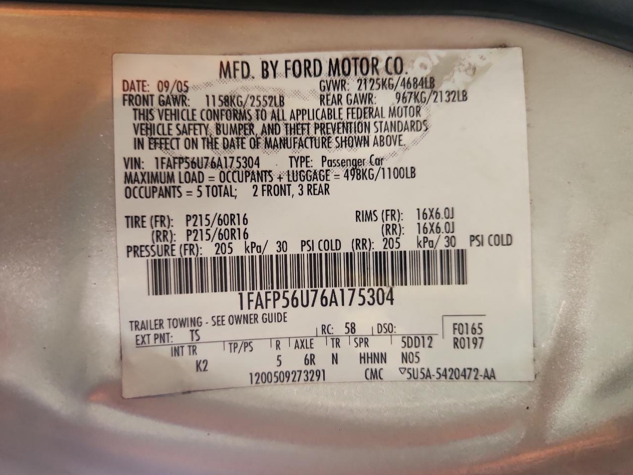 2006 Ford Taurus Sel VIN: 1FAFP56U76A175304 Lot: 64304445