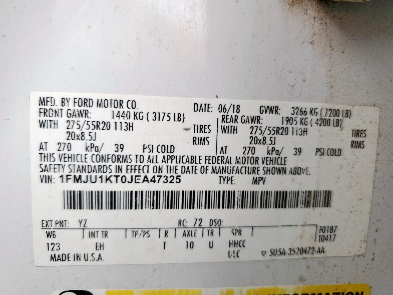 2018 Ford Expedition Limited VIN: 1FMJU1KT0JEA47325 Lot: 66701985