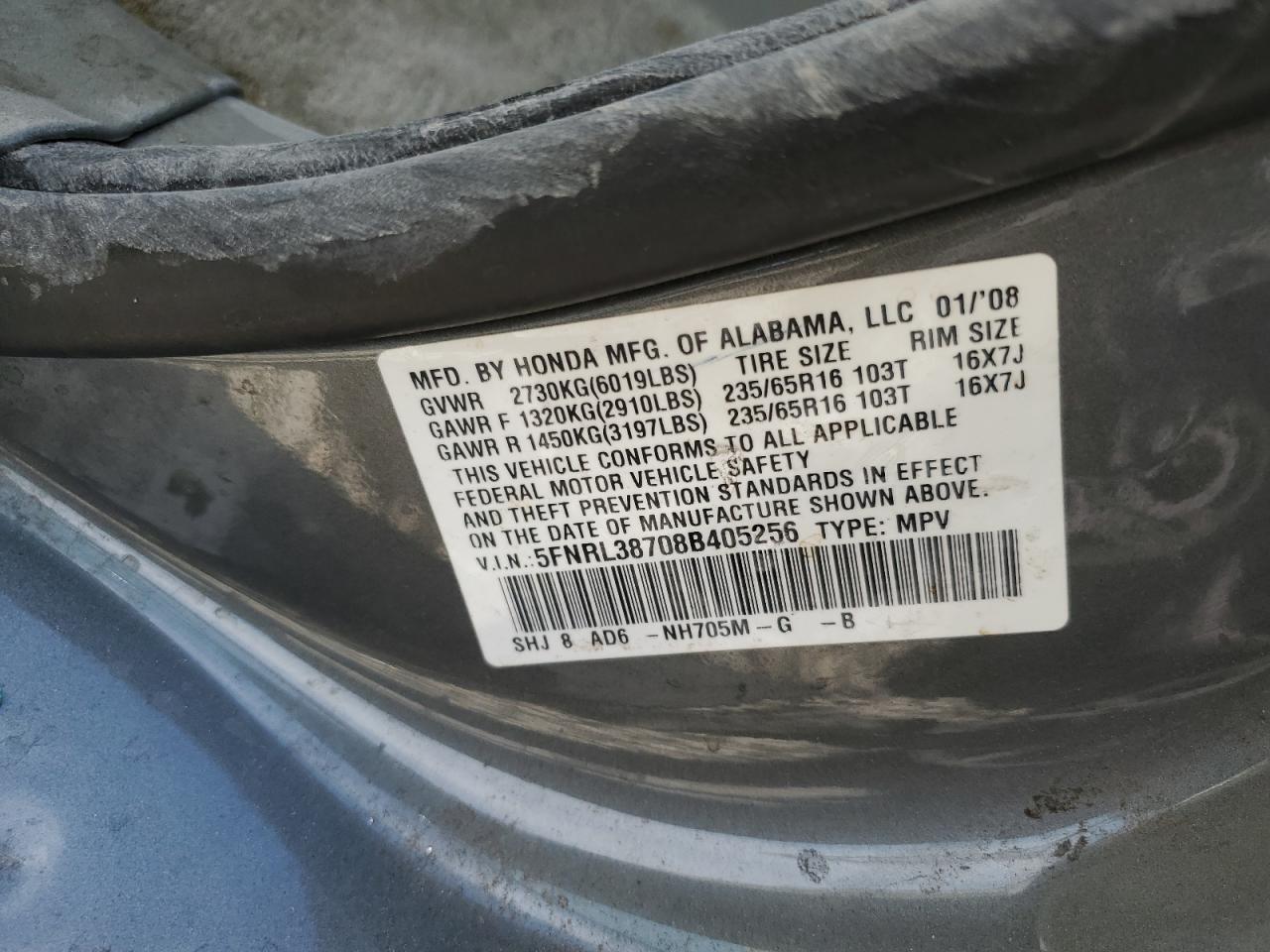2008 Honda Odyssey Exl VIN: 5FNRL38708B405256 Lot: 63029145