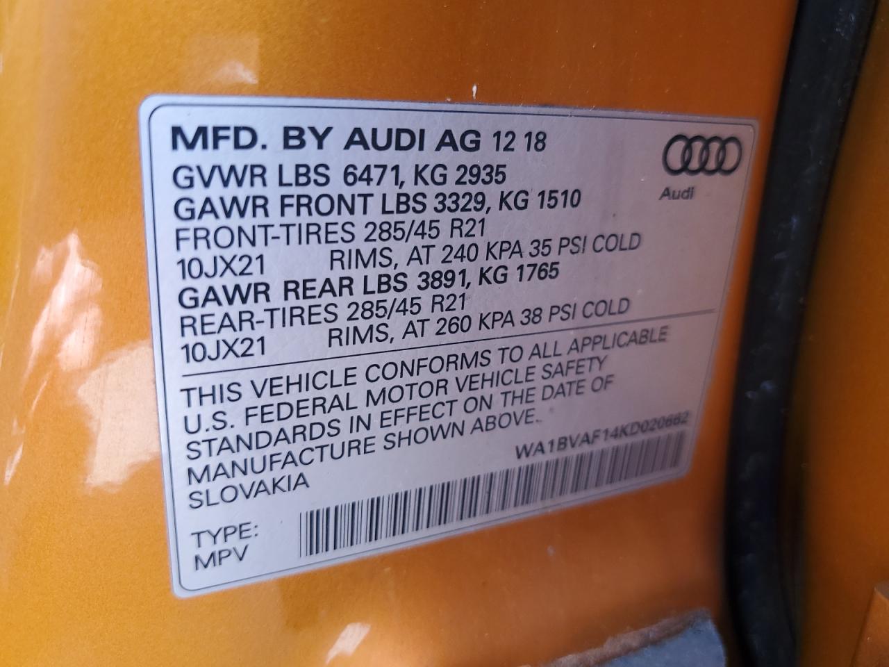 2019 Audi Q8 Premium Plus VIN: WA1BVAF14KD020662 Lot: 63777015