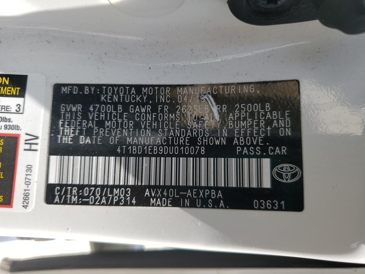 2013 Toyota Avalon Hybrid VIN: 4T1BD1EB9DU010078 Lot: 65238125