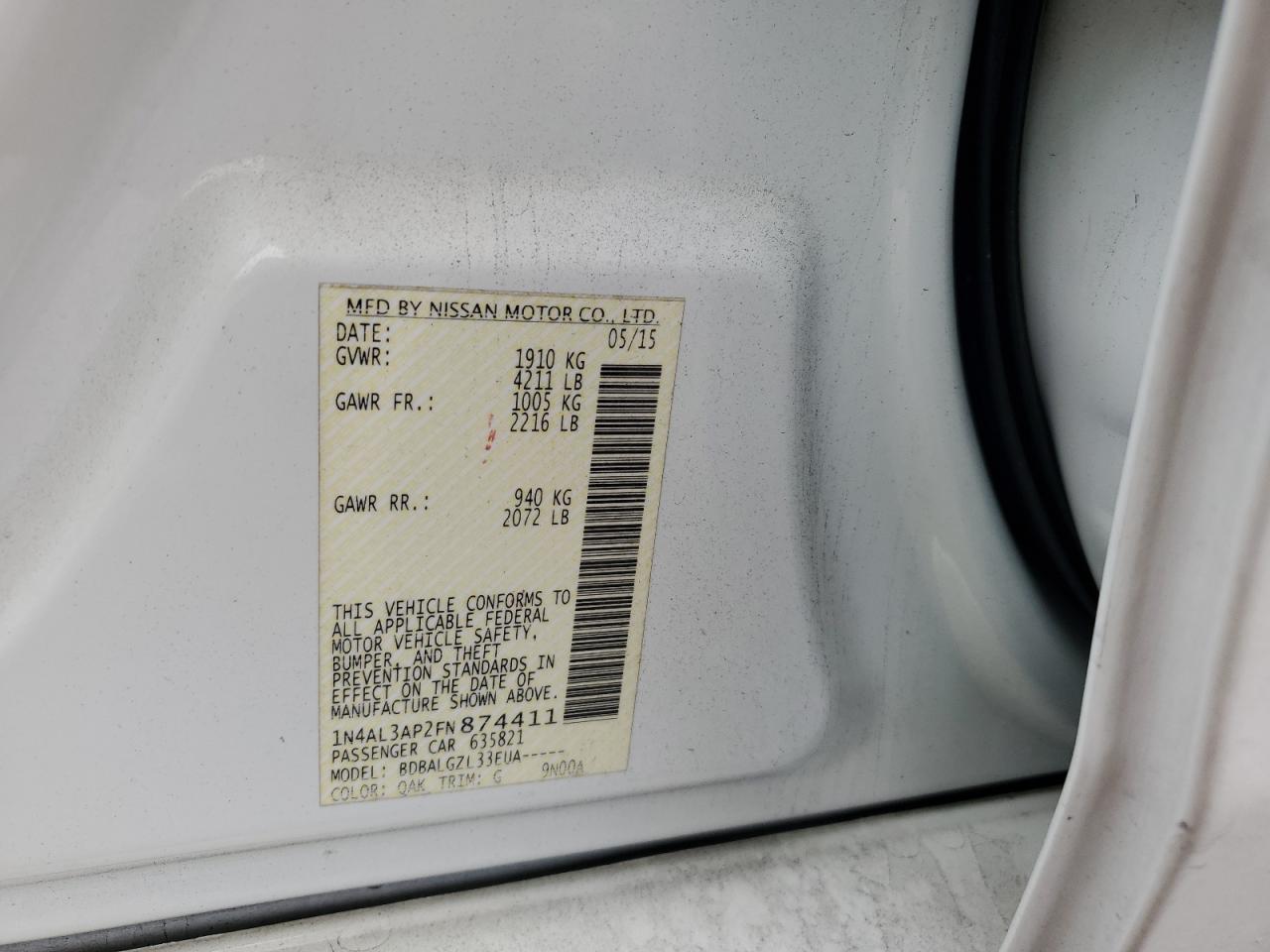 2015 Nissan Altima 2.5 VIN: 1N4AL3AP2FN874411 Lot: 63219625