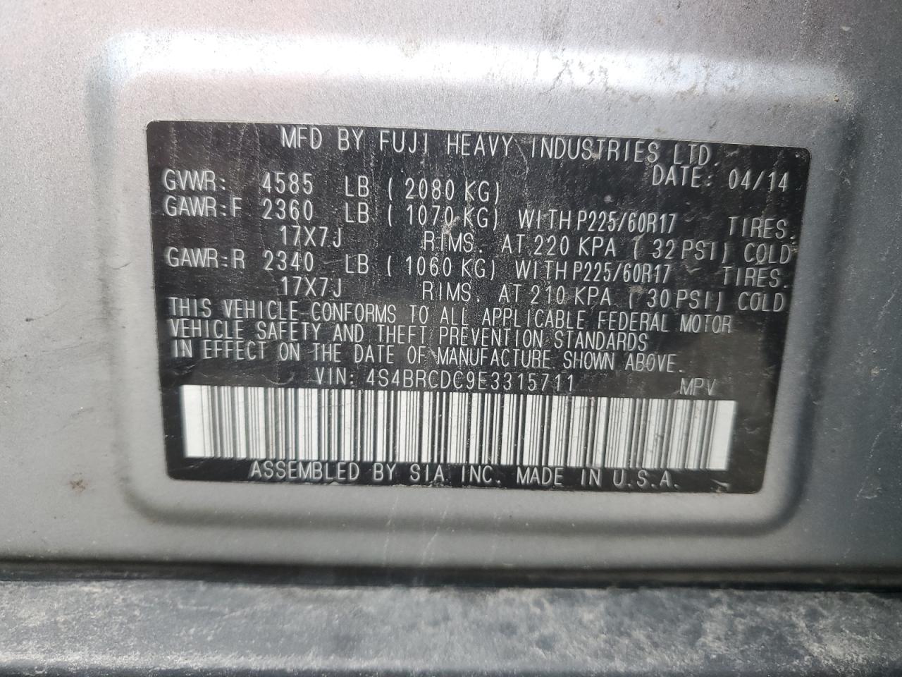 2014 Subaru Outback 2.5I Premium VIN: 4S4BRCDC9E3315711 Lot: 64364985