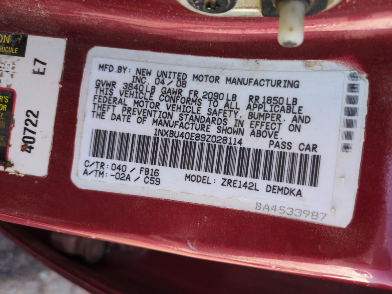 2009 Toyota Corolla Base VIN: 1NXBU40E89Z028114 Lot: 64101645