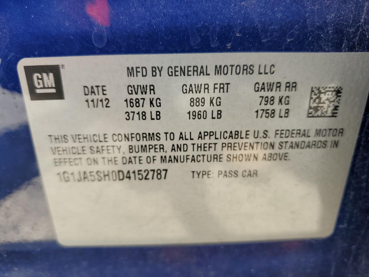 2013 Chevrolet Sonic Ls VIN: 1G1JA5SH0D4152787 Lot: 64632085