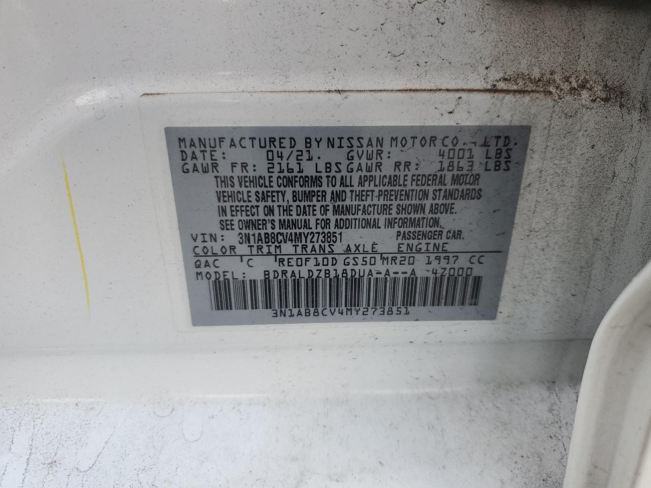 2021 Nissan Sentra Sv VIN: 3N1AB8CV4MY273851 Lot: 64326005