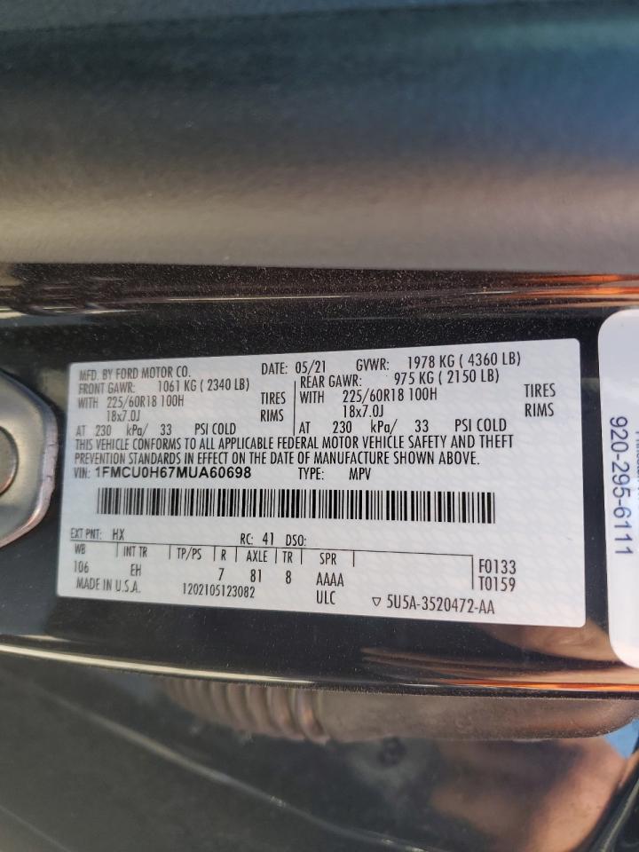 2021 Ford Escape Sel VIN: 1FMCU0H67MUA60698 Lot: 62687125