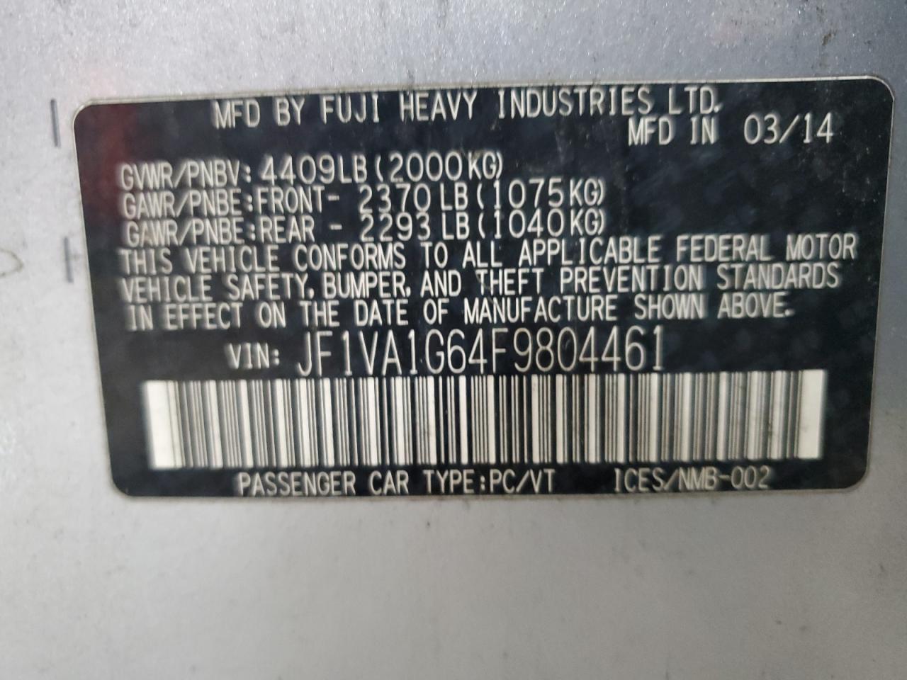 2015 Subaru Wrx Limited VIN: JF1VA1G64F9804461 Lot: 62868265