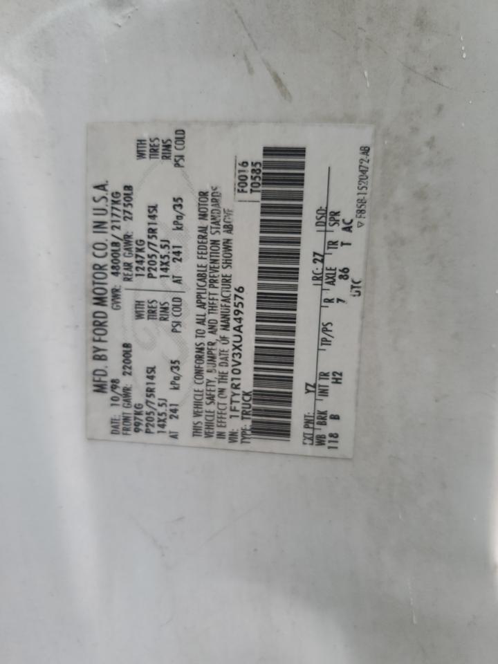 1999 Ford Ranger VIN: 1FTYR10V3XUA49576 Lot: 62312125