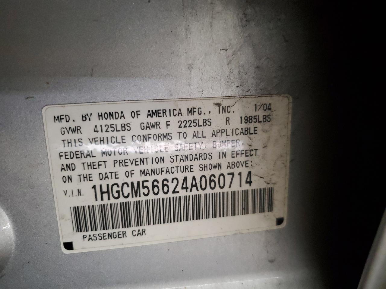 2004 Honda Accord Ex VIN: 1HGCM56624A060714 Lot: 63984485