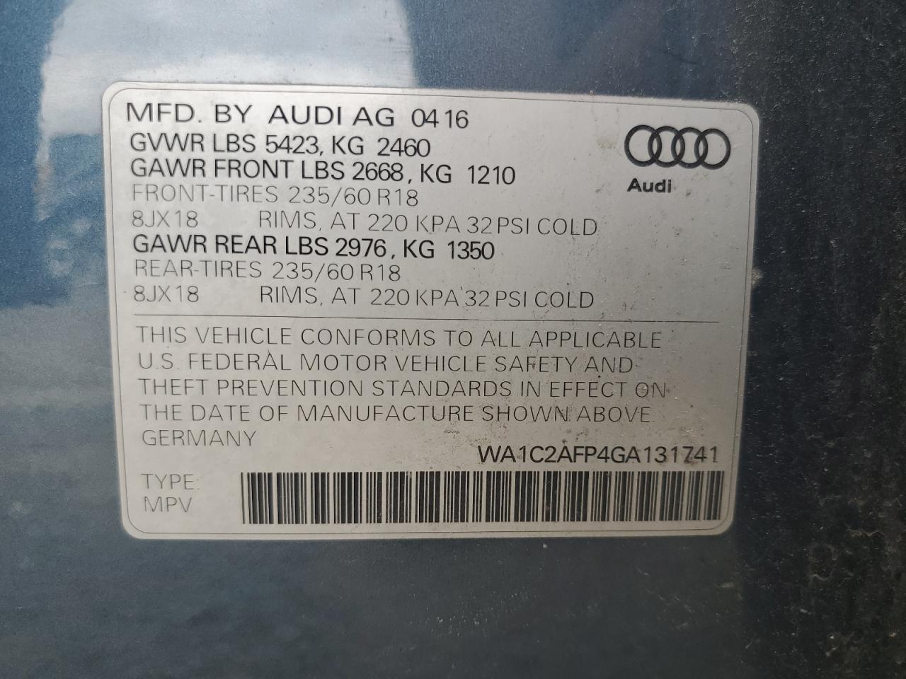 2016 Audi Q5 Premium VIN: WA1C2AFP4GA131741 Lot: 63372015