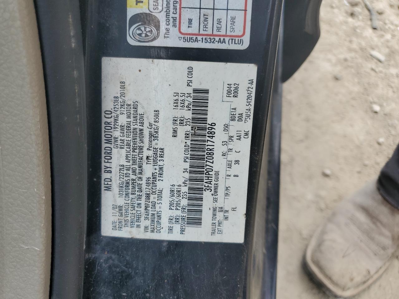 2008 Ford Fusion Se VIN: 3FAHP07Z08R174896 Lot: 72022865