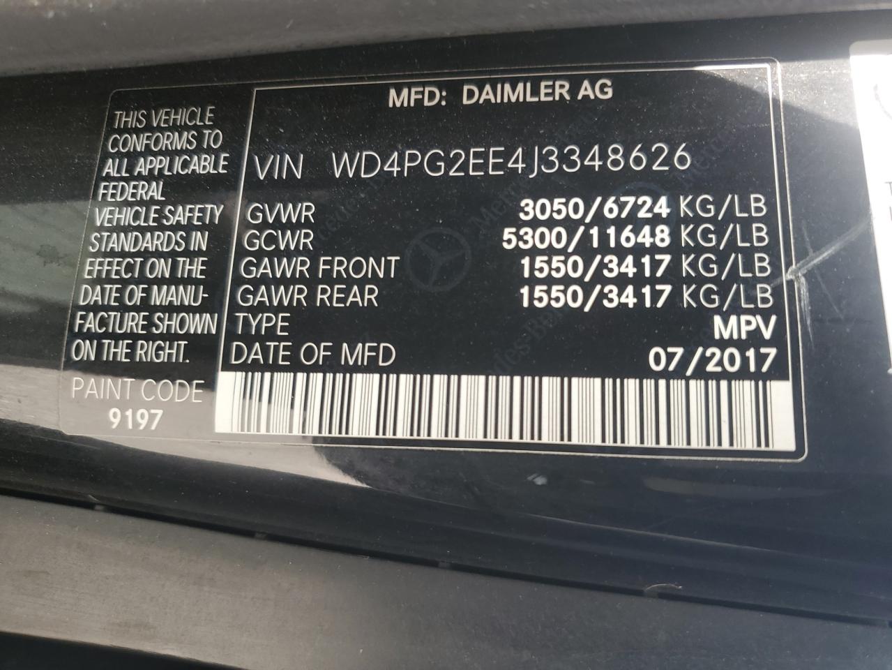 2018 Mercedes-Benz Metris VIN: WD4PG2EE4J3348626 Lot: 64281635