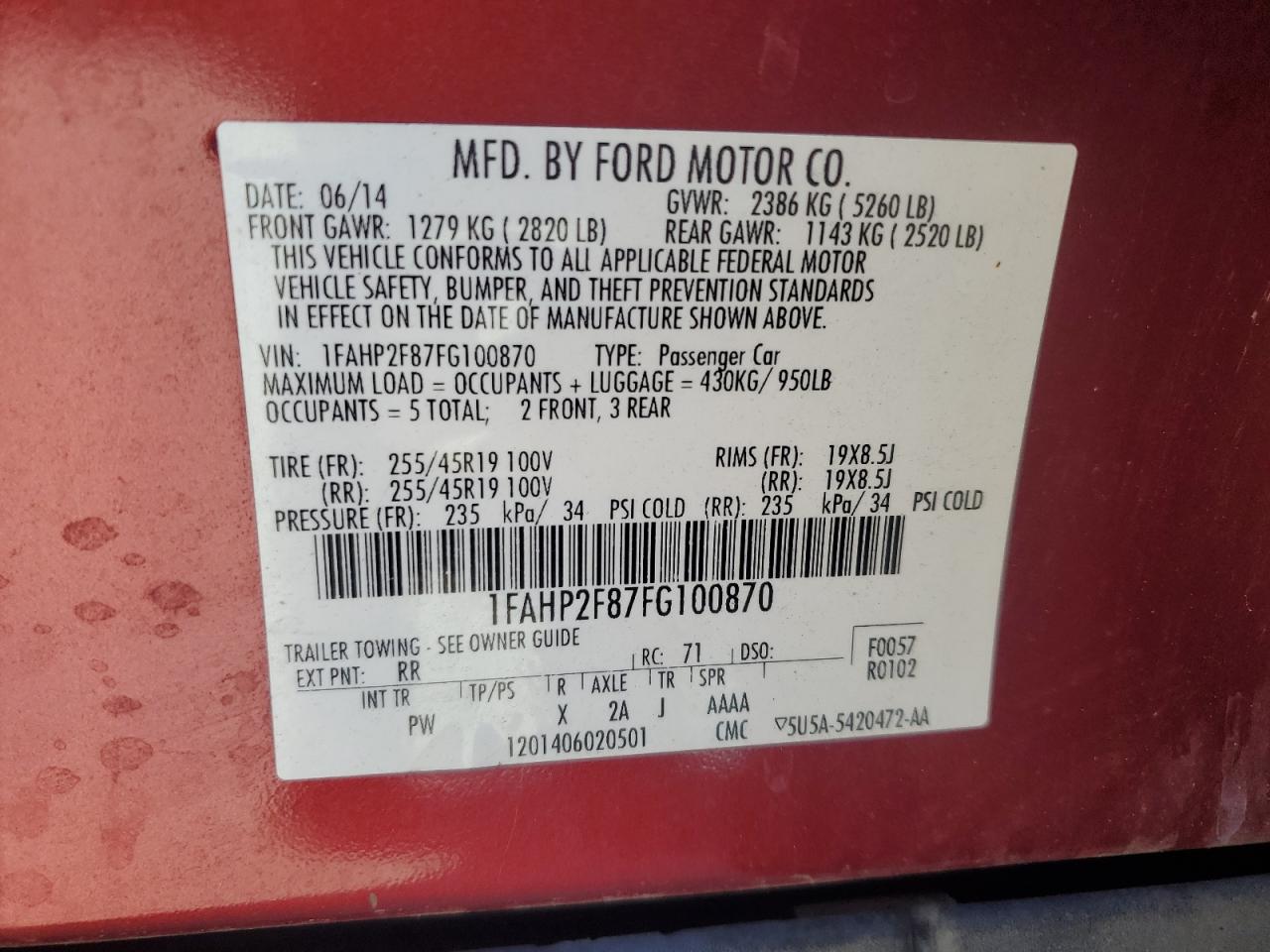 2015 Ford Taurus Limited VIN: 1FAHP2F87FG100870 Lot: 65283605