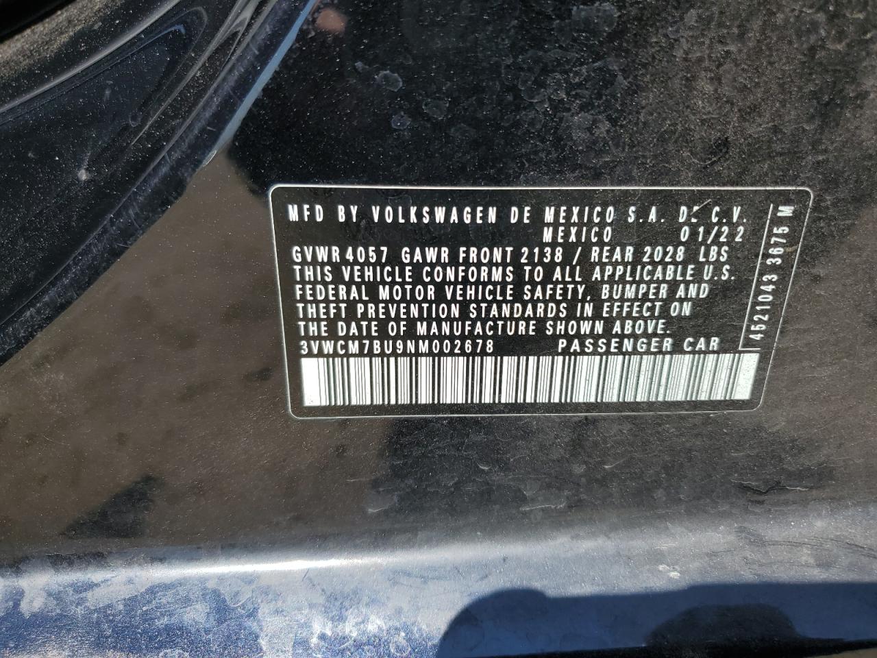 2022 Volkswagen Jetta S VIN: 3VWCM7BU9NM002678 Lot: 65554645