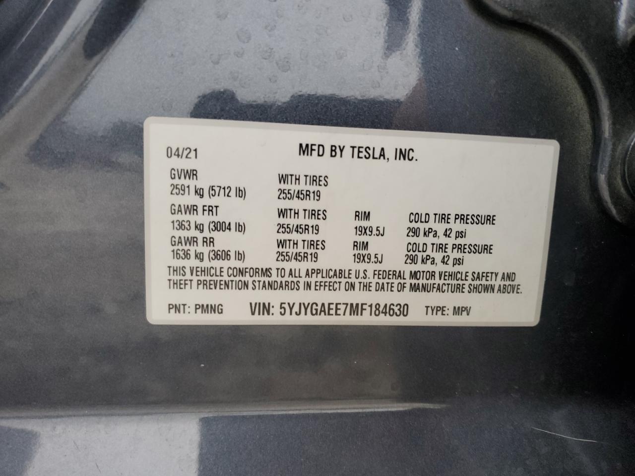 2021 Tesla Model Y VIN: 5YJYGAEE7MF184630 Lot: 63453355