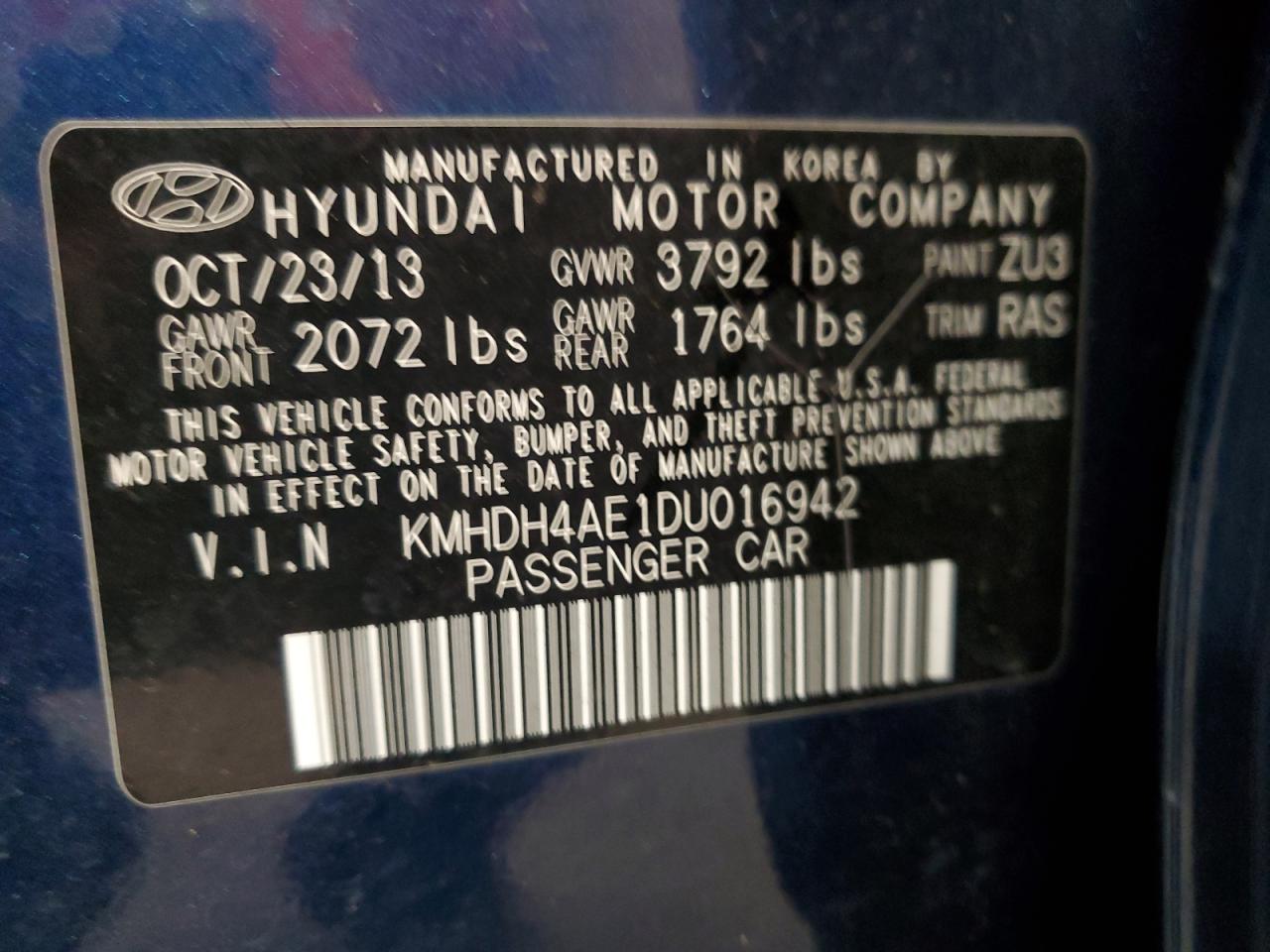 2013 Hyundai Elantra Gls VIN: KMHDH4AE1DU016942 Lot: 65280035