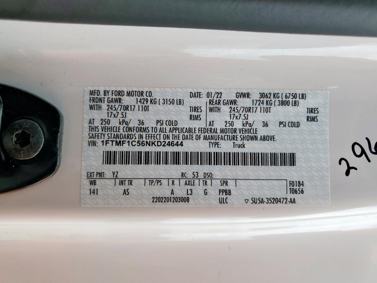 2022 Ford F150 VIN: 1FTMF1C56NKD24644 Lot: 63307315
