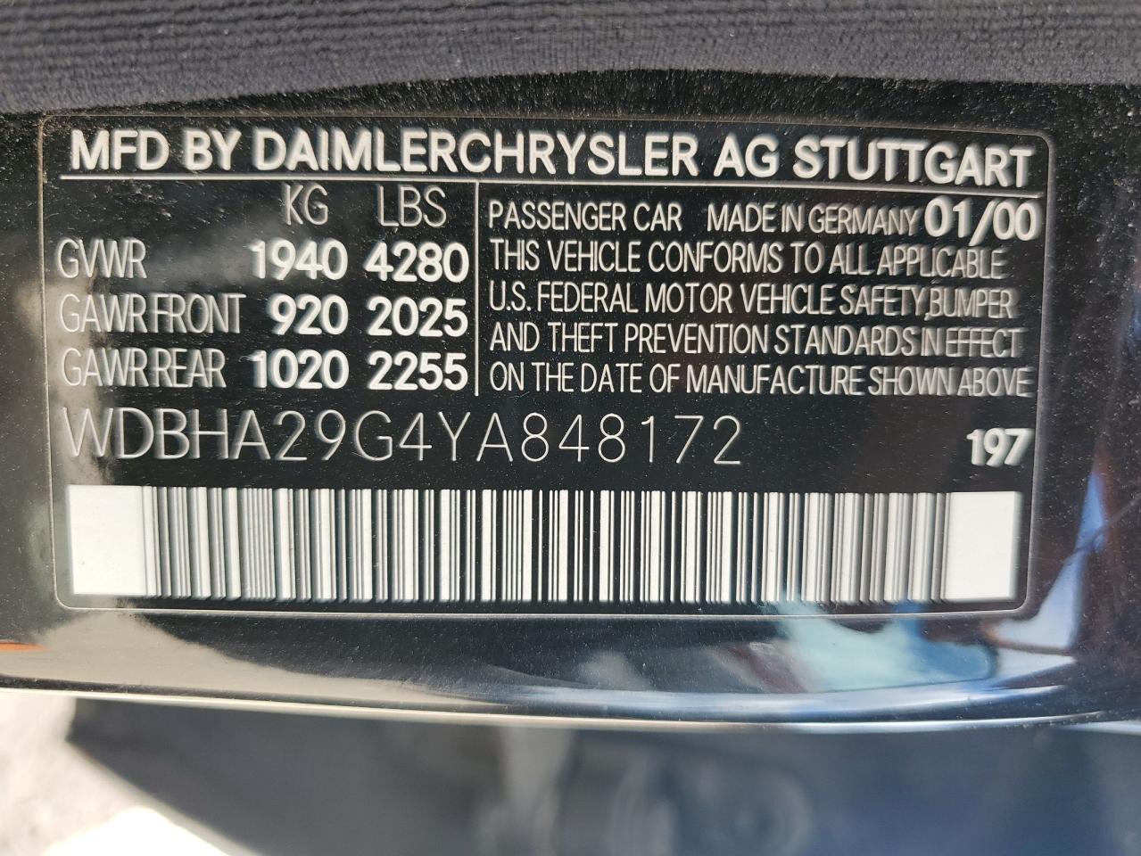 2000 Mercedes-Benz C 280 VIN: WDBHA29G4YA848172 Lot: 64968985