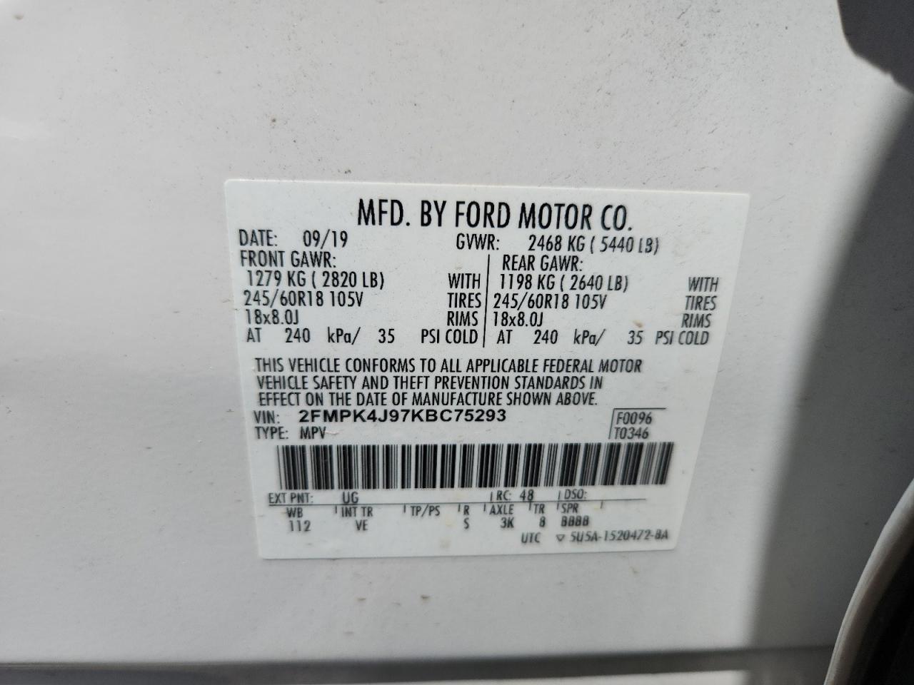 2019 Ford Edge Sel VIN: 2FMPK4J97KBC75293 Lot: 64421725