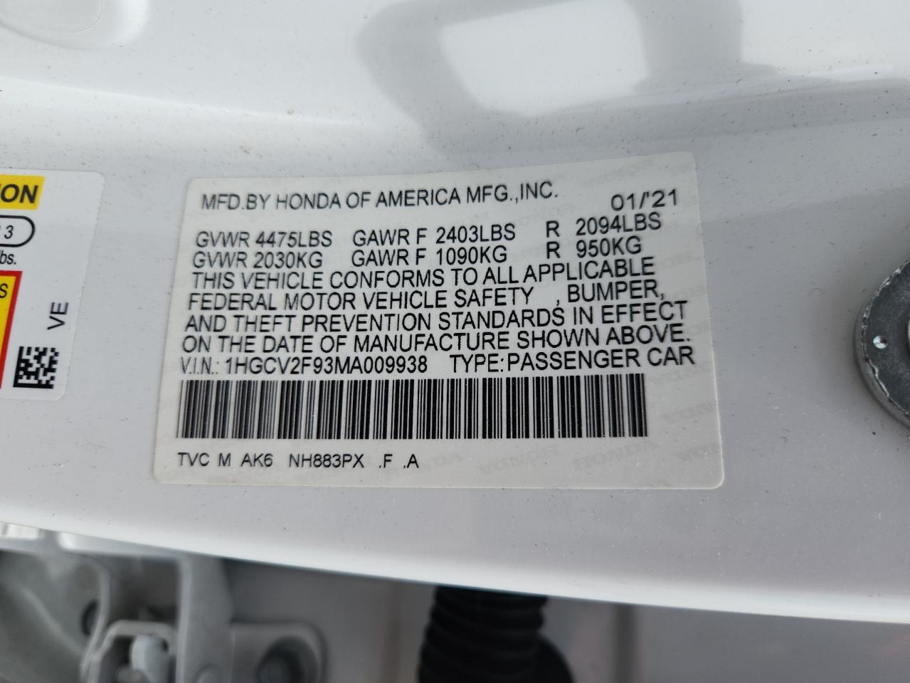 2021 Honda Accord Touring VIN: 1HGCV2F93MA009938 Lot: 64462415
