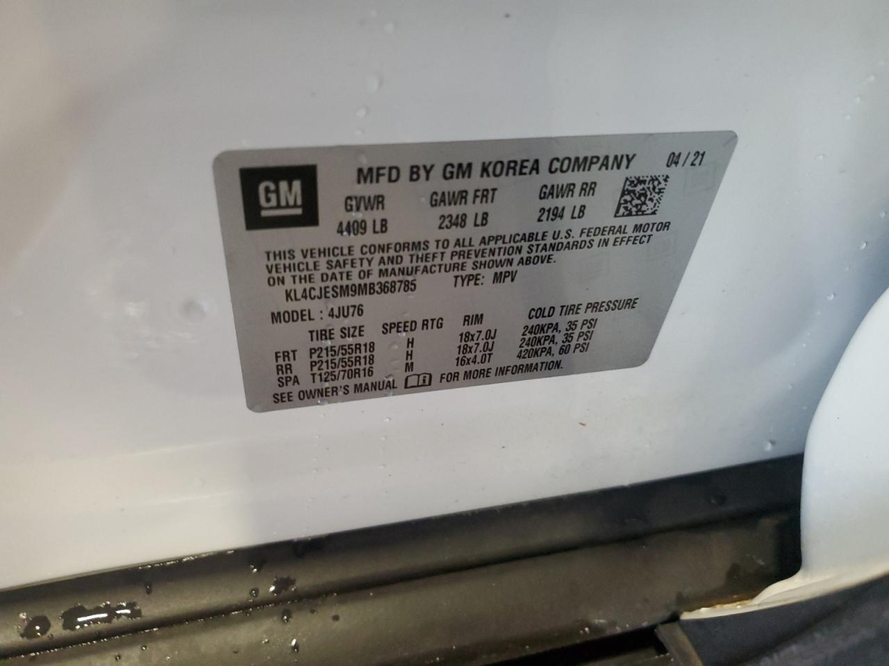 2021 Buick Encore Preferred VIN: KL4CJESM9MB368785 Lot: 63205705