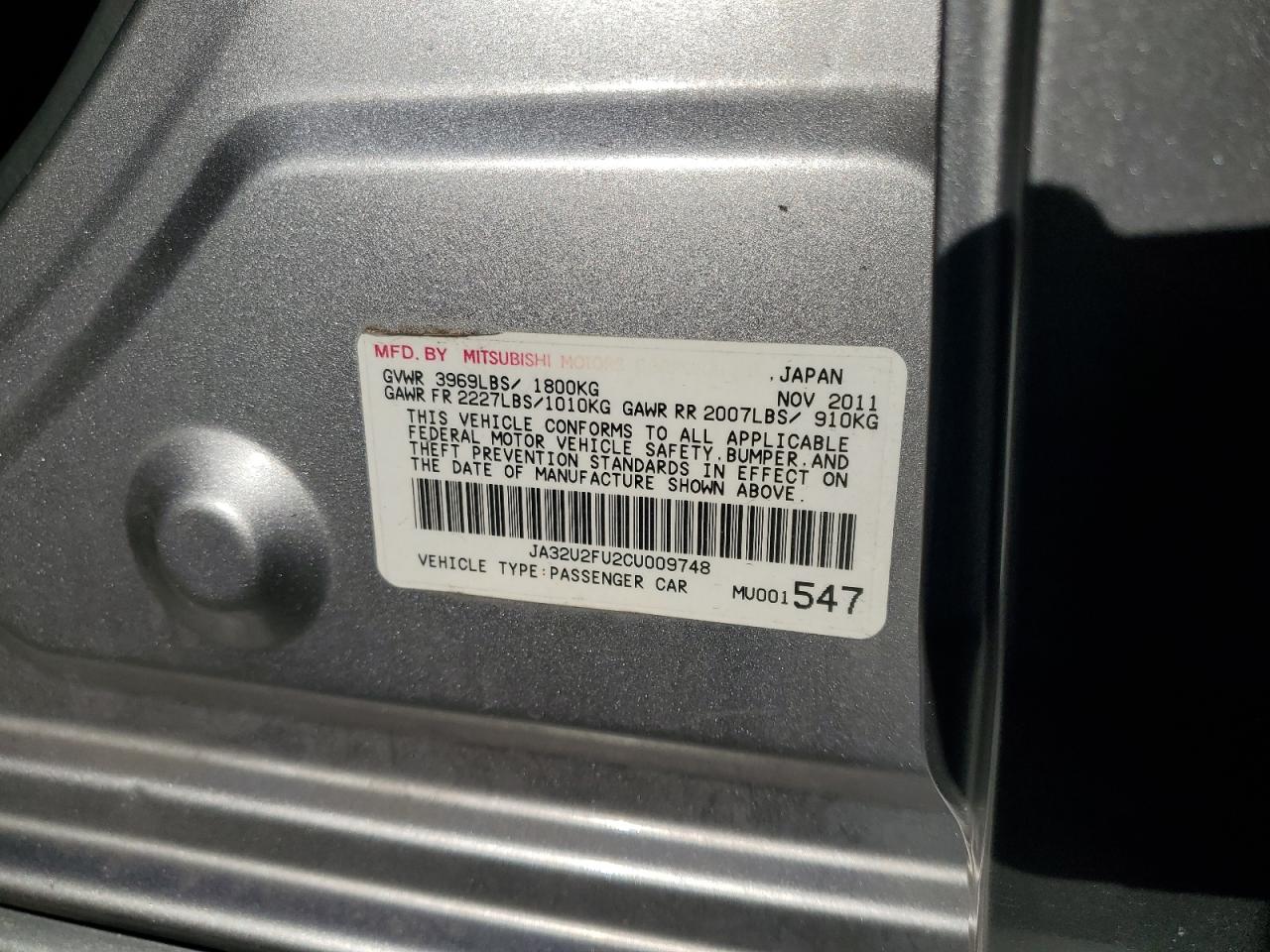 2012 Mitsubishi Lancer Es/Es Sport VIN: JA32U2FU2CU009748 Lot: 62682745
