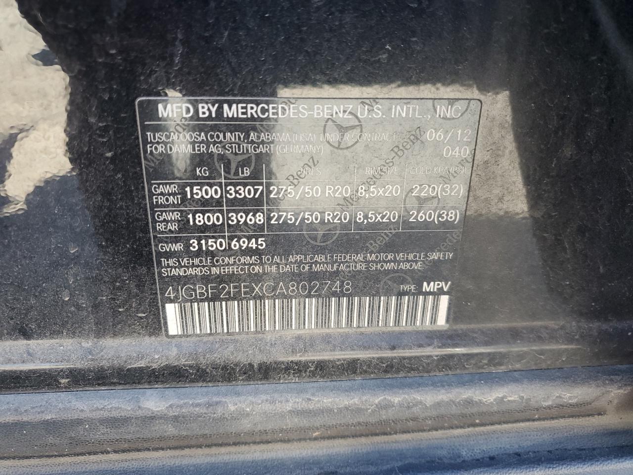 2012 Mercedes-Benz Gl 350 Bluetec VIN: 4JGBF2FEXCA802748 Lot: 64850235