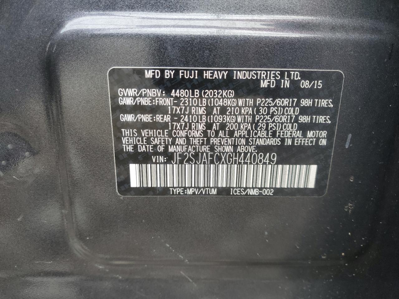 2016 Subaru Forester 2.5I Premium VIN: JF2SJAFCXGH440849 Lot: 63998015