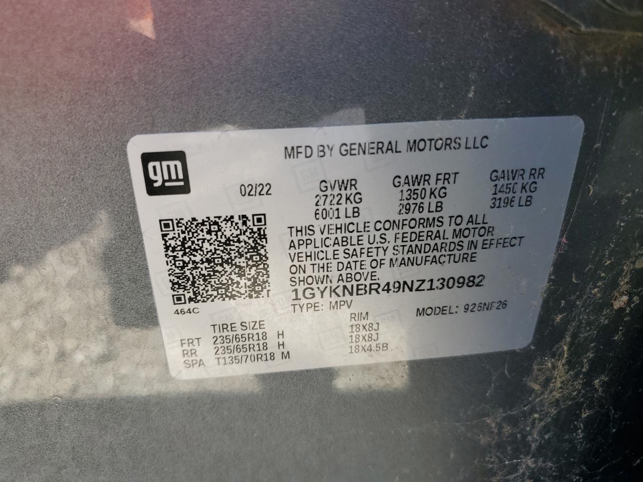 1gyknbr49nz130982 1GYKNBR49NZ130982 2022 Cadillac Xt5 Luxury