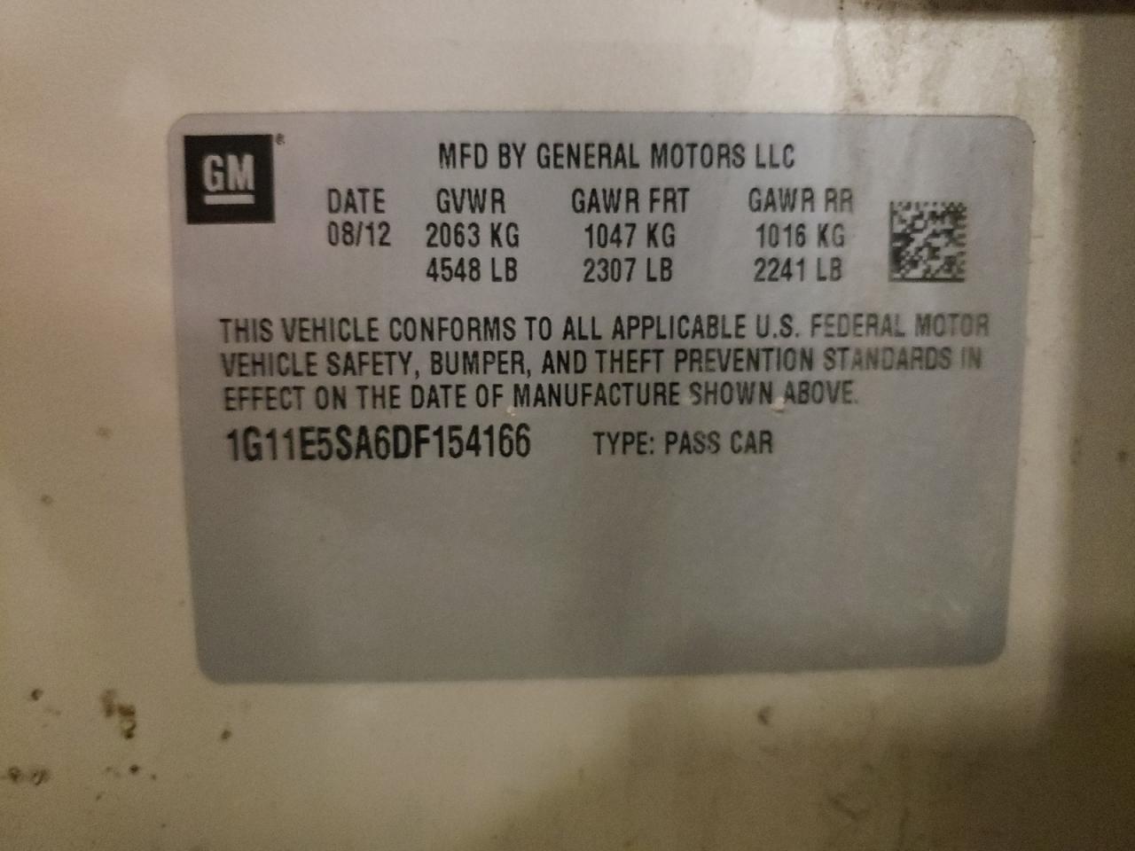 2013 Chevrolet Malibu 2Lt VIN: 1G11E5SA6DF154166 Lot: 63193375