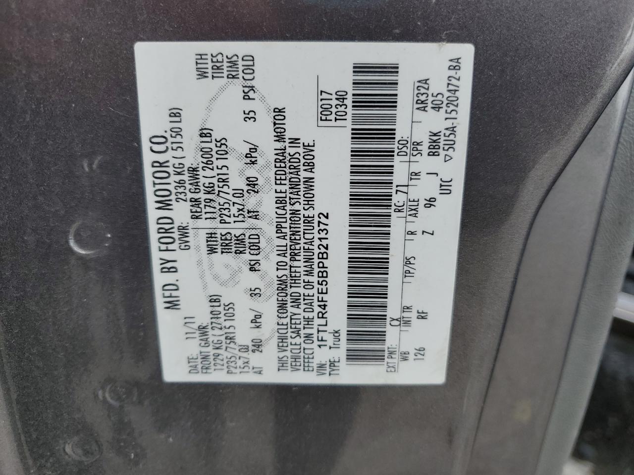2011 Ford Ranger Super Cab VIN: 1FTLR4FE5BPB21372 Lot: 65096445