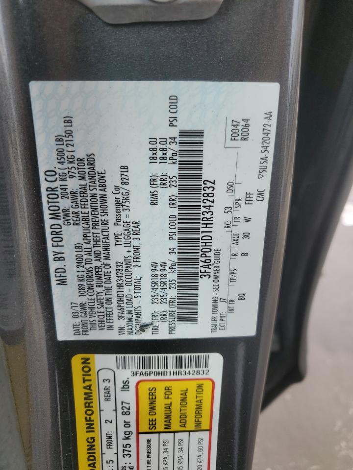 2017 Ford Fusion Se VIN: 3FA6P0HD1HR342832 Lot: 65145565