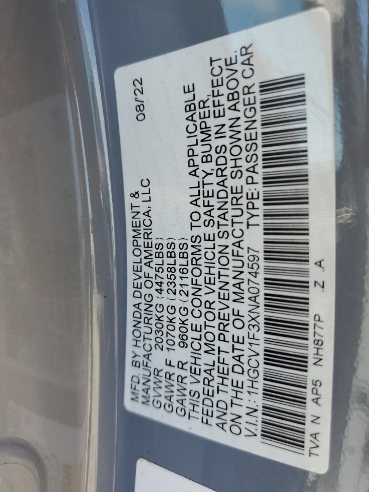 2022 Honda Accord Sport VIN: 1HGCV1F3XNA074597 Lot: 64085255