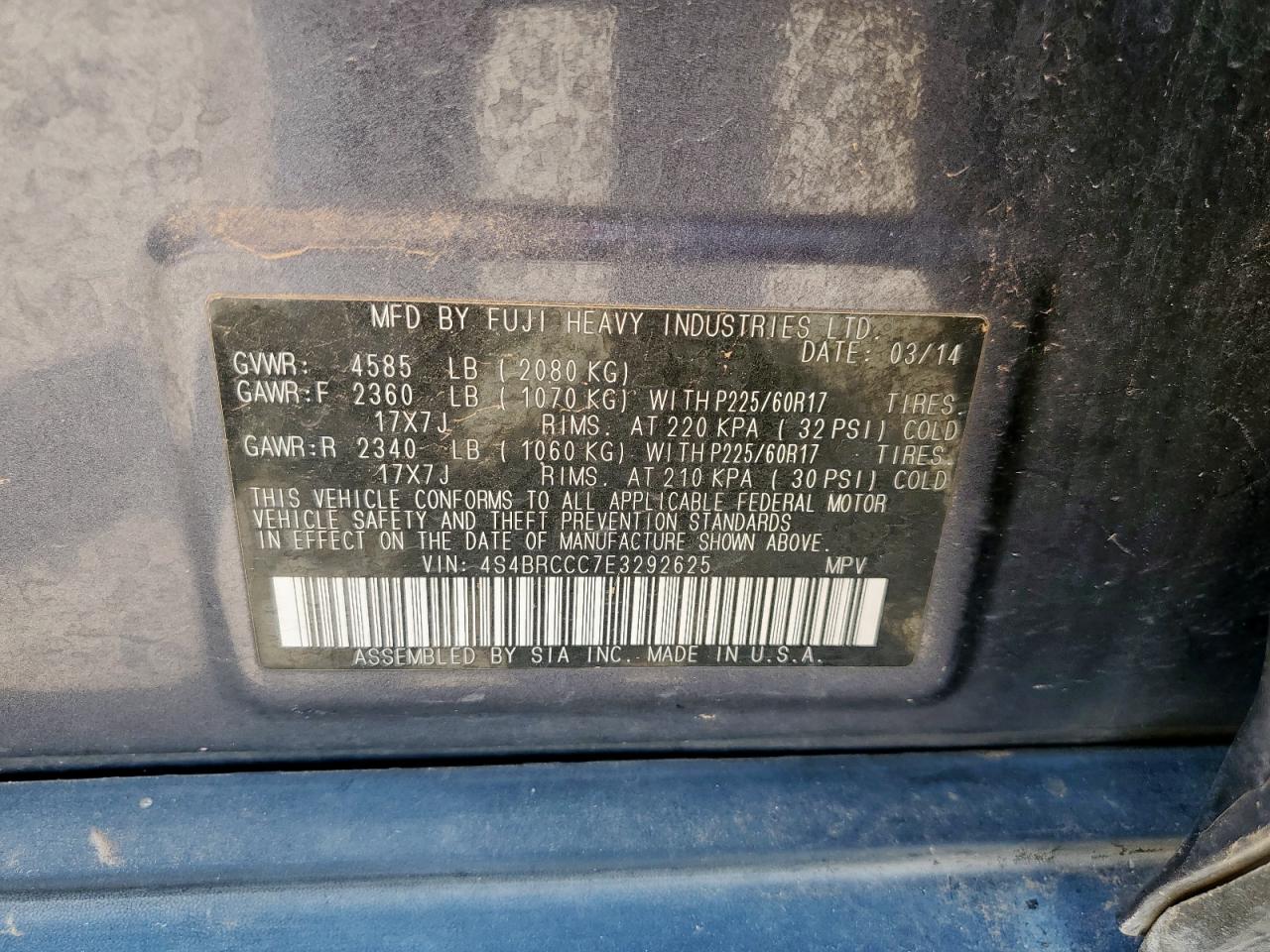 2014 Subaru Outback 2.5I Premium VIN: 4S4BRCCC7E3292625 Lot: 64404895